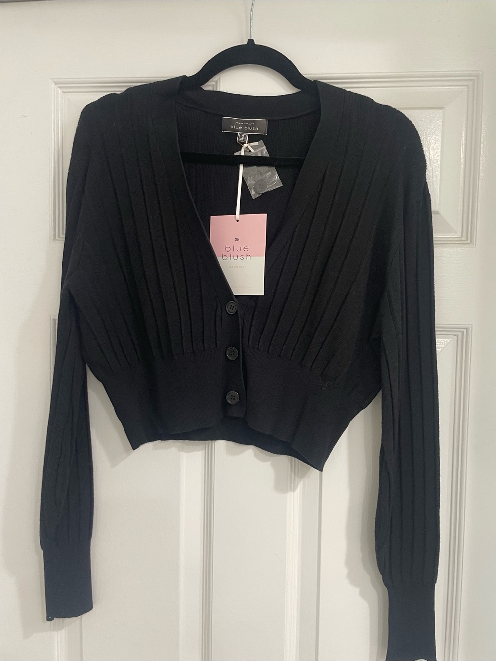Blue Blush Black Ribbed V-Neck Cropped Cardigan
